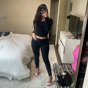 Black skinny dress pants with rhinestones